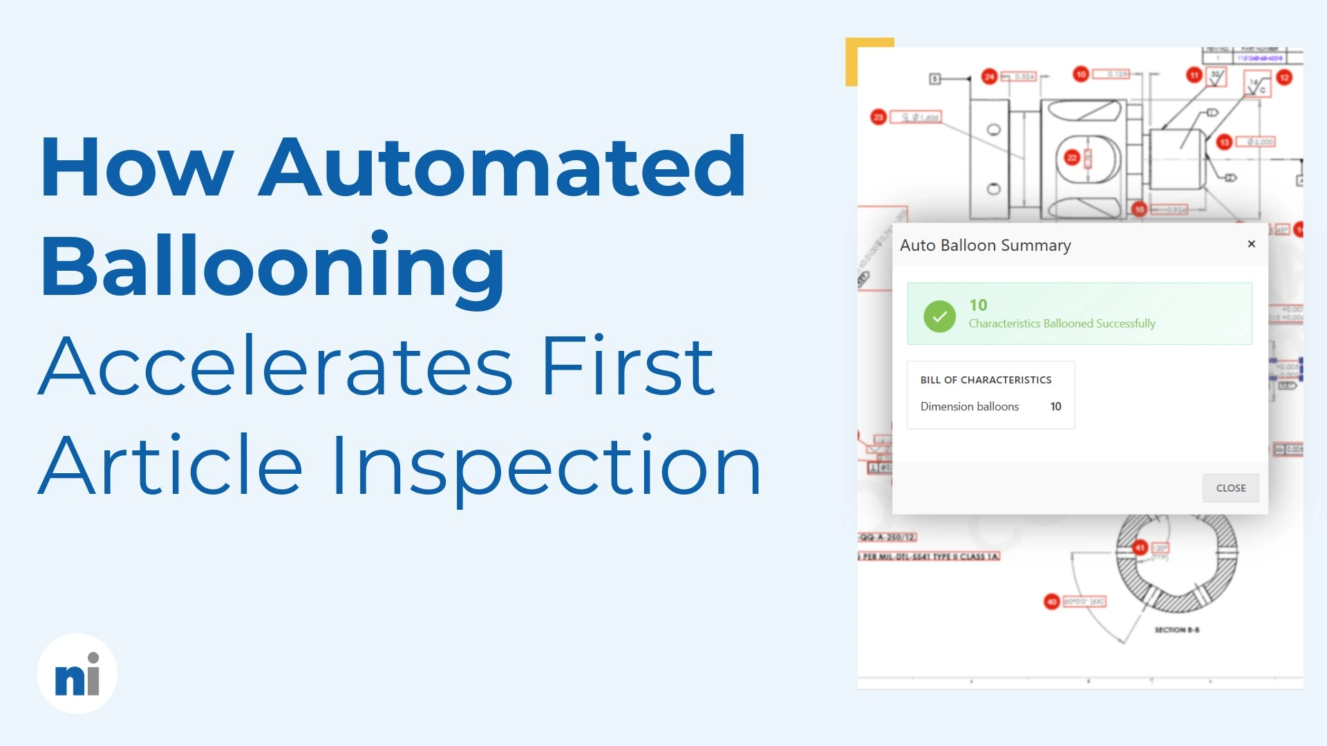 Net-Inspect ballooning interface on a desktop monitor displaying an aerospace engineering drawing annotated with red balloon callout numbers and a Bill of Characteristics table below, demonstrating integrated first article inspection workflow
