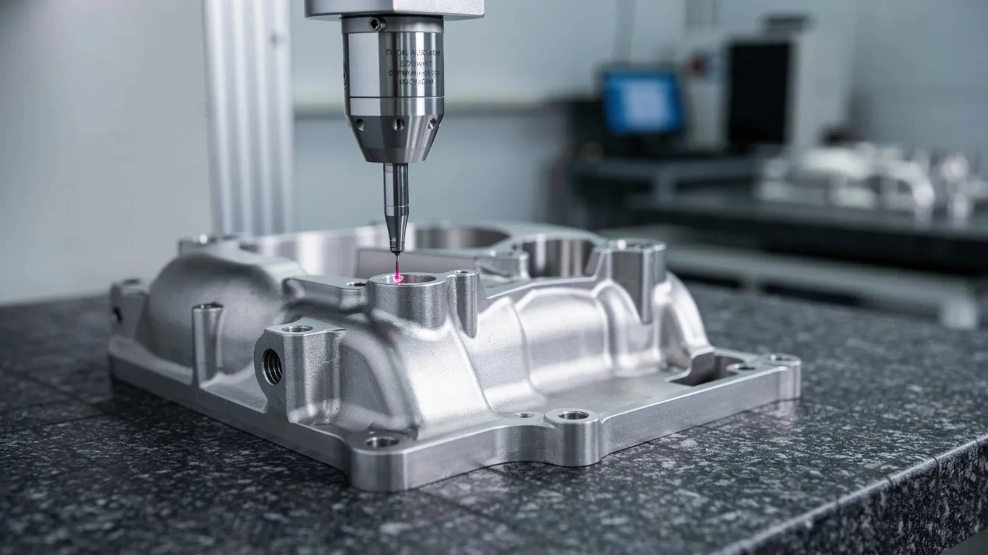 A CMM touch probe contacting a machined aerospace part on a granite inspection table, capturing dimensional data for SPC analysis.