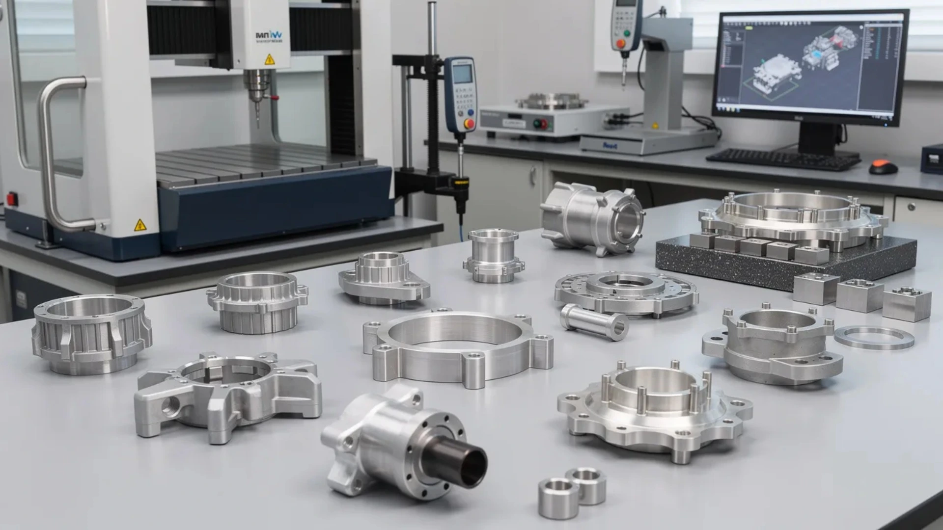 Precision-machined aerospace components arranged on a metrology lab inspection bench.