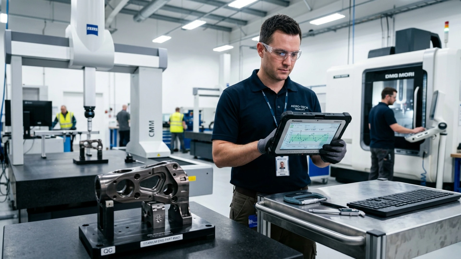 Quality engineer reviewing an SPC control chart on a shop-floor tablet next to a titanium aerospace part, with a ZEISS CMM and DMG MORI CNC in the background
