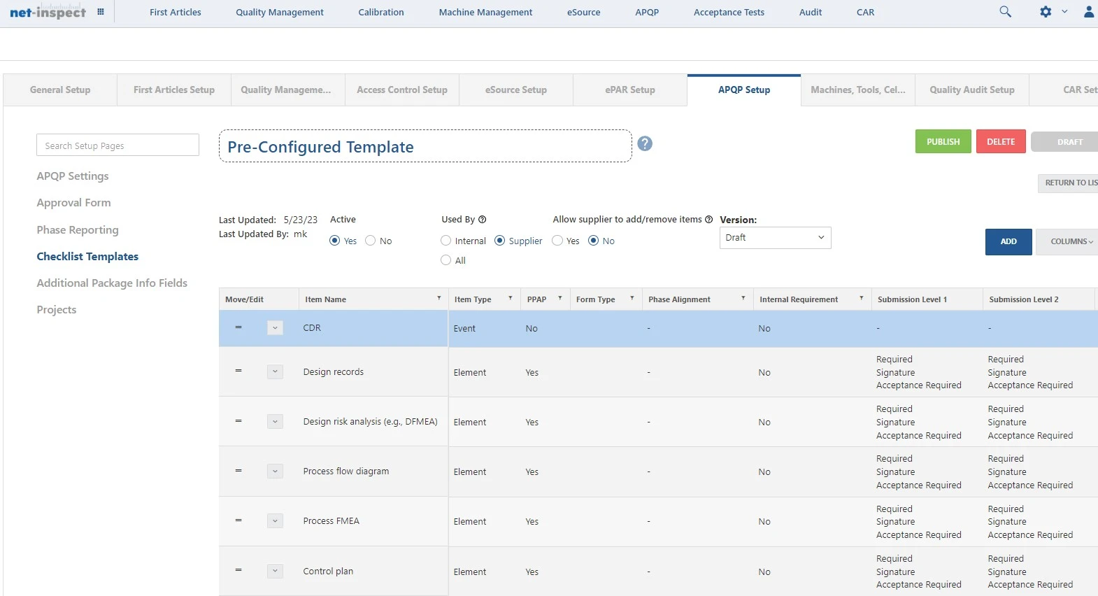 APQP project management software module configuration overview