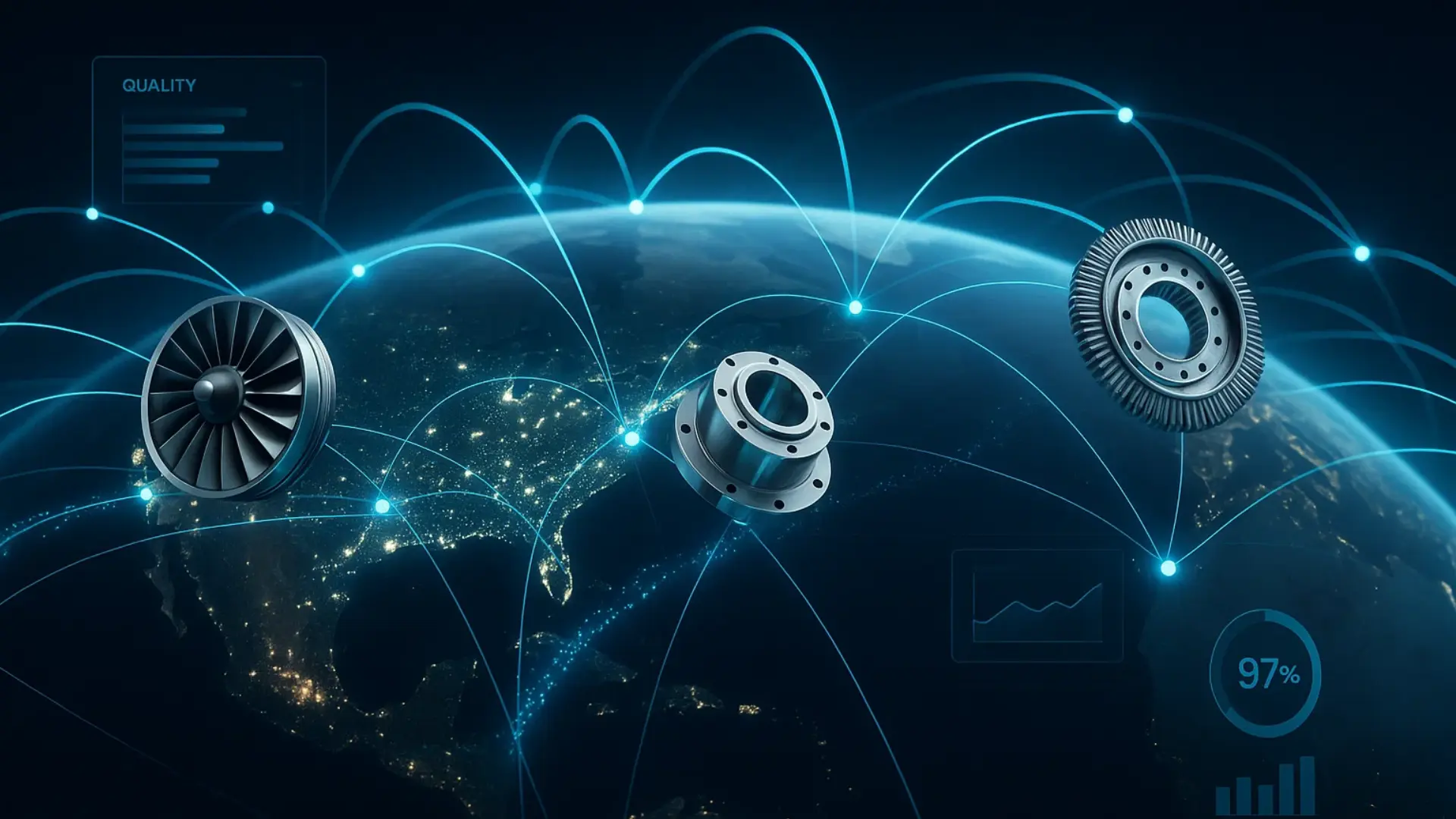 3D visualization of Earth from space with illuminated network connections linking aerospace manufacturing locations worldwide, featuring jet engine turbine, machined components, and quality metrics dashboards