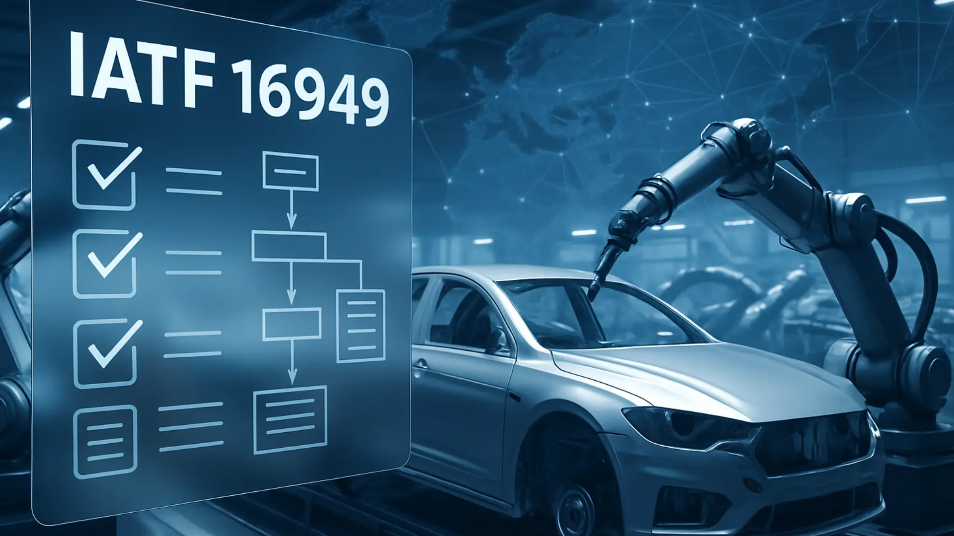 Modern automotive manufacturing facility with production equipment and digital overlays showing global supply chain and IATF 16949 certification