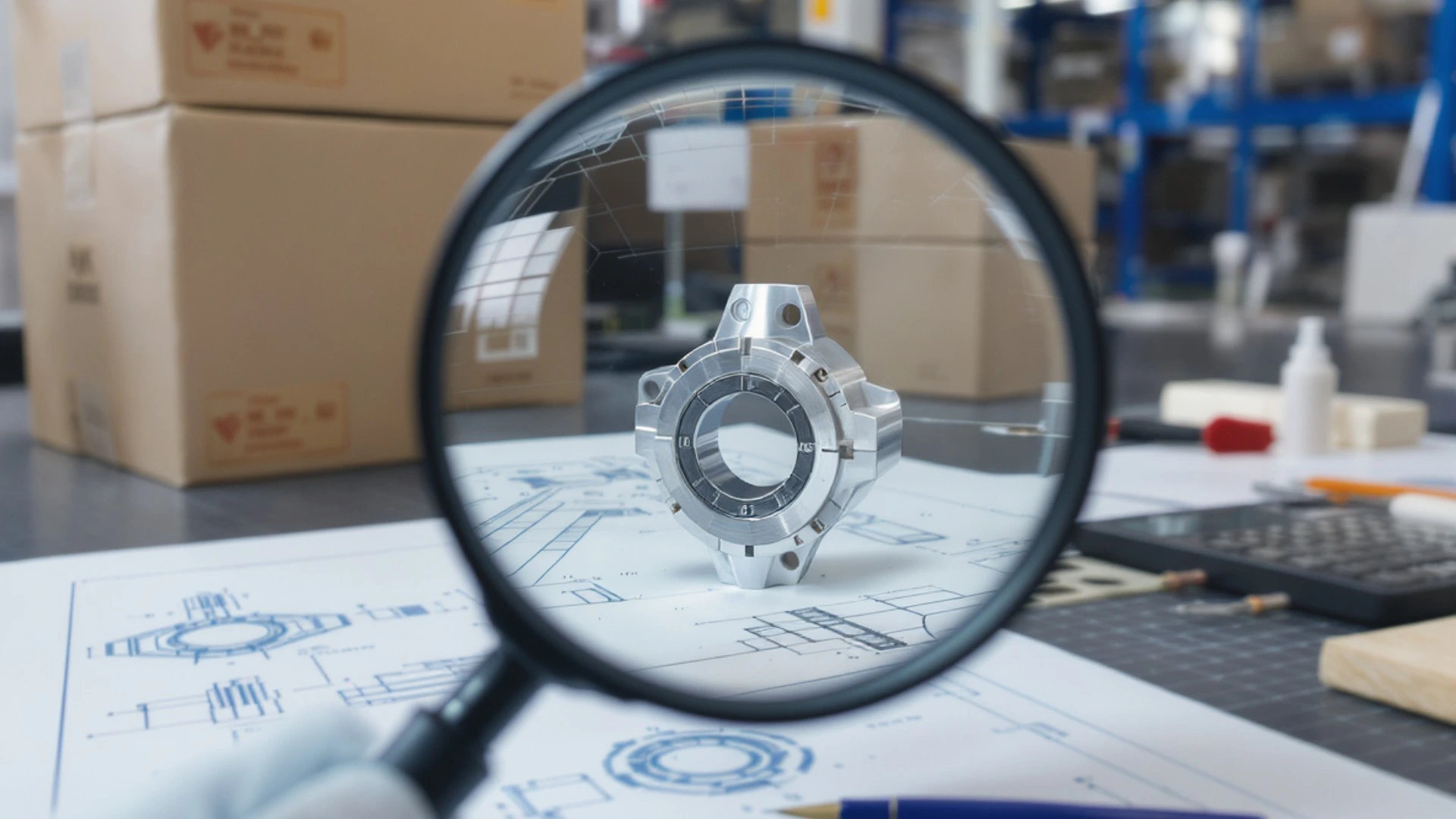 Supplier audit quality inspection: magnifying glass examining aerospace component on blueprints in manufacturing facility