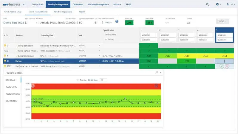 Net-Inspect SPC Quality Data Management Measurement Entry Page